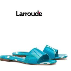 Larroude - Ivy Flat Mule Turquoise Aqcua Wave print patent leather NWT